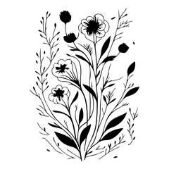 Botanical elegance, simple graphic floral, black silhouette art illustration, delicate flower
