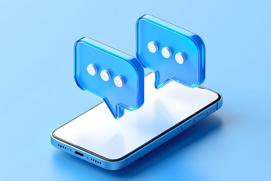 Modern smartphone with blue chat bubble icons symbolizing communication and online conversation in a minimalist design perfect for illustrating digital messaging and connection