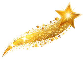 Golden shooting star with a trail of glittering stars and particles, isolated on transparent background