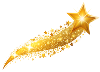 Golden shooting star with a trail of glittering stars and particles, isolated on transparent background