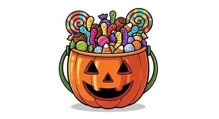 Cartoon Halloween Pumpkin Pail Overflowing with Colorful Candy and Lollipops