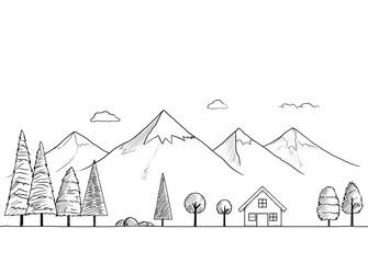 Landscape with mountains trees coloring page