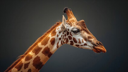 Close-up portrait of a regal giraffe against a dark background, showcasing its unique patterns and features