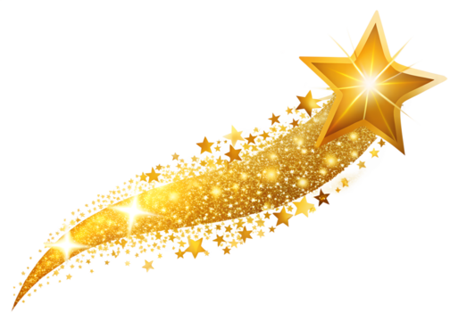 Golden shooting star with a trail of glittering stars and particles, isolated on transparent background