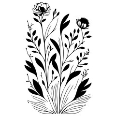 Botanical illustration of various monochrome flower elements creating an elegant artistic