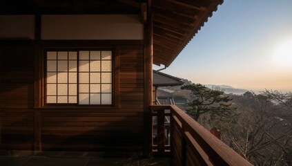 Fototapeta premium Scenic view of a wooden structure overlooking a coastal landscape during sunrise, creating a serene atmosphere