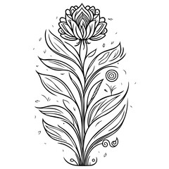 Botanical monochrome illustration featuring a stylized floral element with intricate details and