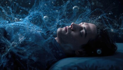 A tranquil scene featuring a young man resting peacefully, surrounded by ethereal blue particles and wisps, hinting at dreams