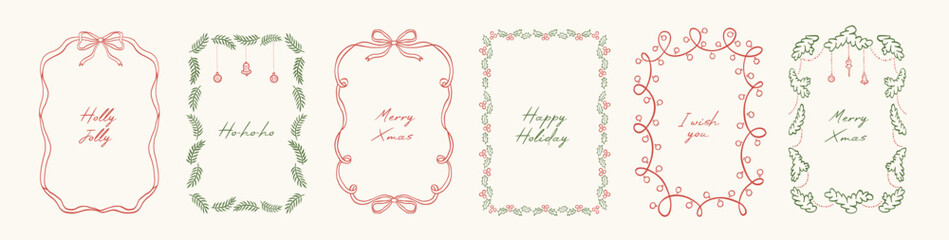 Naklejka na ściany i meble Set of vintage doodle hand drawn Xmas borders with branches tree, ribbon and bows, mistletoe, lights garlands. Minimalist line art. Trendy holiday frames for Christmas poster, card, invitation.
