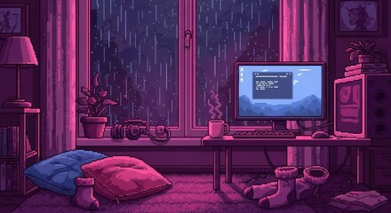 Pixelated rainy night ambiance inside a cozy retro style room filled with relaxation tools