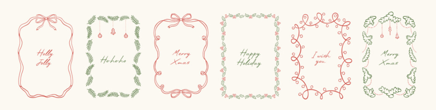 Set of vintage doodle hand drawn Xmas borders with branches tree, ribbon and bows, mistletoe, lights garlands. Minimalist line art. Trendy holiday frames for Christmas poster, card, invitation.