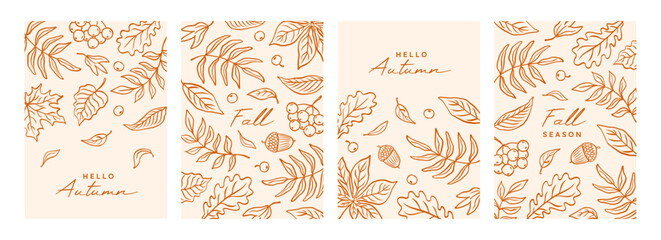 Set of trendy autumn posters with hand drawn leaves in line sketch style. Autumn doodle leaf oak, maple, chestnut, acorn, berry rowan. Fall trendy background, cover, flyer design. Vector illustration.