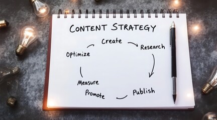Business planning notepad displays cyclical content strategy diagram with pencil and soft bokeh background lighting