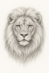 Realistic Hand Drawn Lion Head in Pencil Sketch Style for Artistic Design, Realistic pencil sketch of lion head portrait with detailed mane illustration with expressive eyes and flowing mane