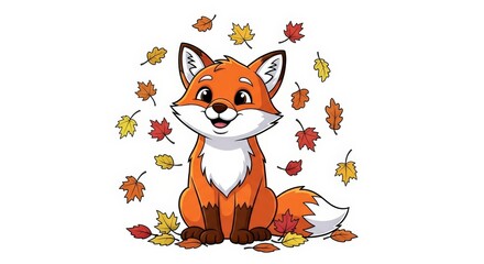 Cute Cartoon Fox Smiling Among Falling Autumn Leaves on a White Background