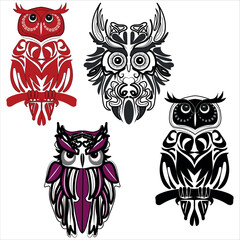 Tribal owl vector illustration set