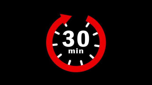perfect for illustrating deadlines, time management, quick turnaround times in project planning and scheduling, red clock icon isolated on black background, indicating a time duration of 30 minutes