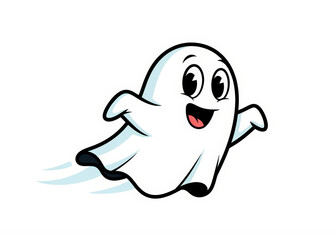 Obraz premium Happy Cartoon Ghost Mascot Flying Quickly on an Isolated White Background