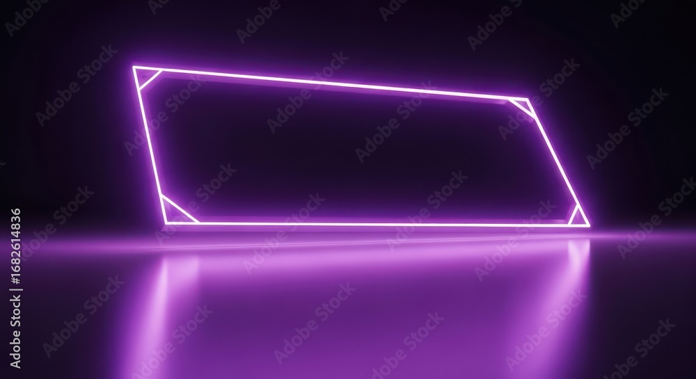 Poster abstract purple neon frame illuminated on reflective surface with dark background rendering
