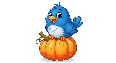Fototapeta premium Cute Blue Cartoon Bird Sitting Happily on an Orange Pumpkin Isolated on White Background