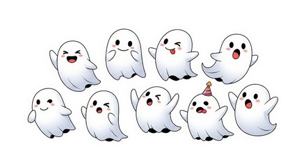 Cute Cartoon Ghost Characters with Happy and Playful Expressions Isolated on a White Background