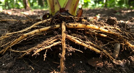 Fototapeta premium Exposed Plant Roots in Soil: A Close-Up View of Nature's Interconnectedness, Revealing the Foundation of Life and Growth in Natural Light