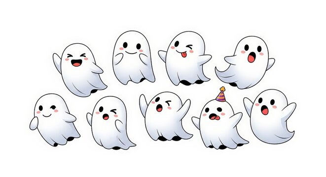 Cute Cartoon Ghost Characters with Happy and Playful Expressions Isolated on a White Background