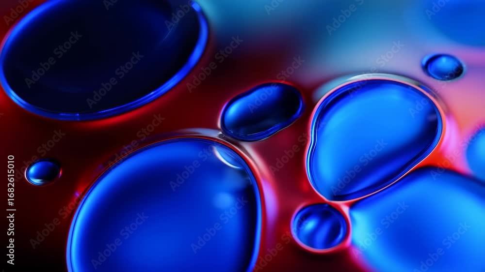 Poster abstract blue blobs gently moving on red liquid surface