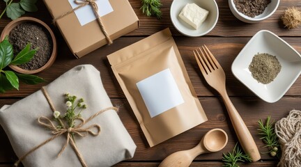 Overhead view of coffee beans spices and gifts on a wooden table