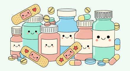 Cute Medicine Bottles and Bandages Illustration