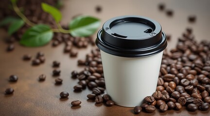 Disposable coffee cup surrounded by freshly roasted coffee beans and green leaves