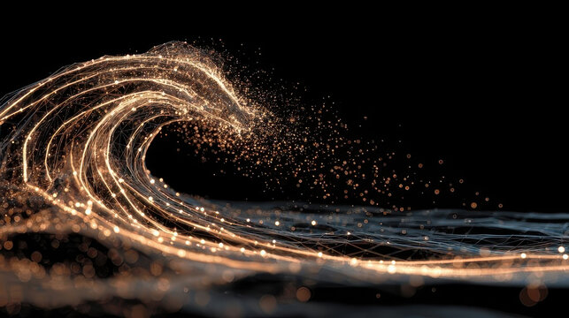 Golden digital wave flowing on black background
