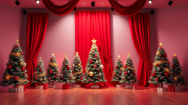 scenery with red curtains with christmas trees, escenario con cortinas rojas 3d con arboles de navidad