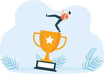 Businessman slips and falls on trophy concept,
