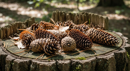 A rustic display of pine cones arranged on a weathered tree stump in a sun dappled forest setting