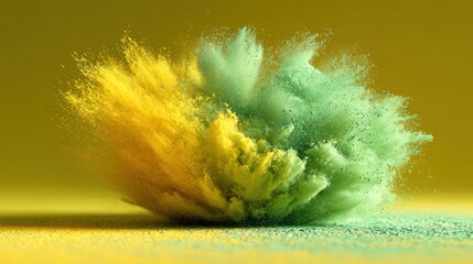 Bright explosion of yellow and green powder paint captured in motion on vibrant background, abstract artistic concept of dynamic color splash with energy, texture, and motion frozen in time