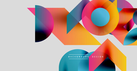 Abstract geometric shapes overlap, creating vibrant colorful design. Gradient hues blend, forming modern background texture.