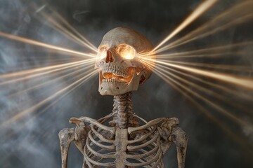 Skeletal figure with glowing skull beams illuminating a dark space in an eerie atmosphere
