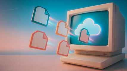 Cloud Data Connection: An old computer monitor with glowing screen showcasing cloud technology with files transferring, symbolizing seamless data storage and transfer.