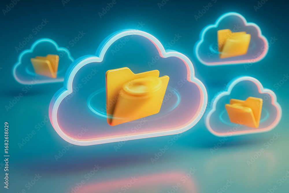 Poster cloud storage and data security: the image depicts a vibrant and modern interpretation of cloud stor
