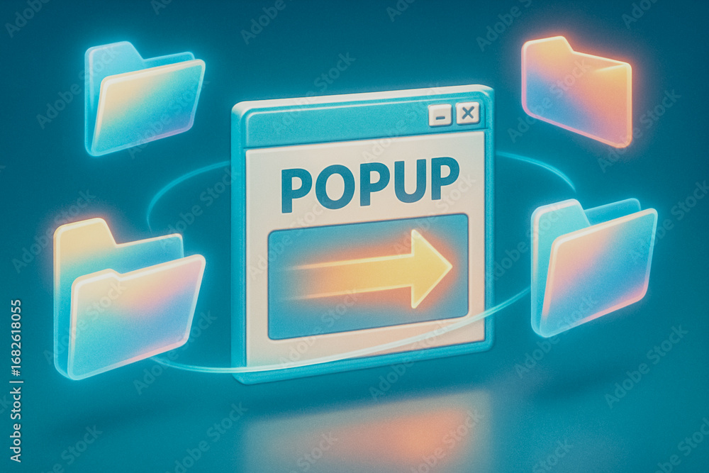 Aufkleber popup concept: a vibrant, artistic rendering of a computer popup window design concept surrounded by