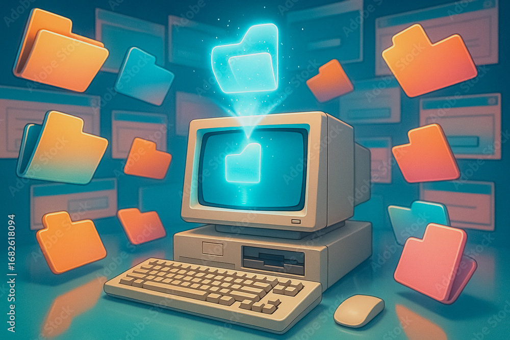 Poster retro computer data display: a retro computer comes to life with a vibrant holographic display of da