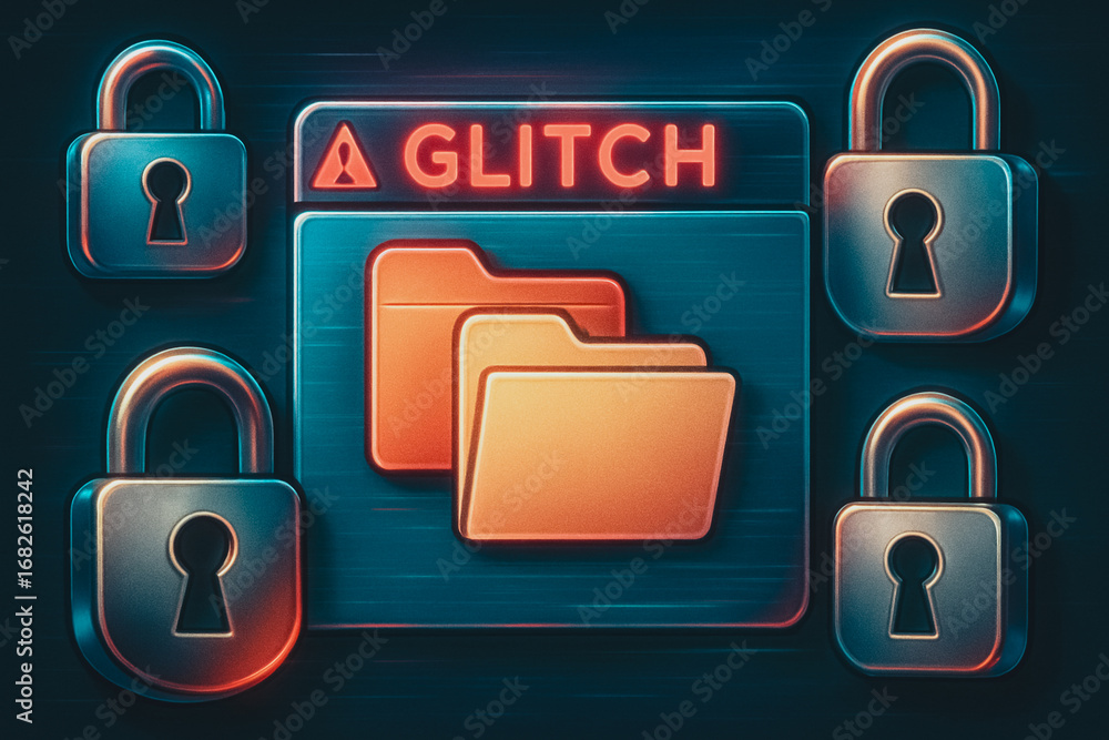 Aufkleber digital glitch and security breach: a symbolic digital illustration depicts a data security vulnerab