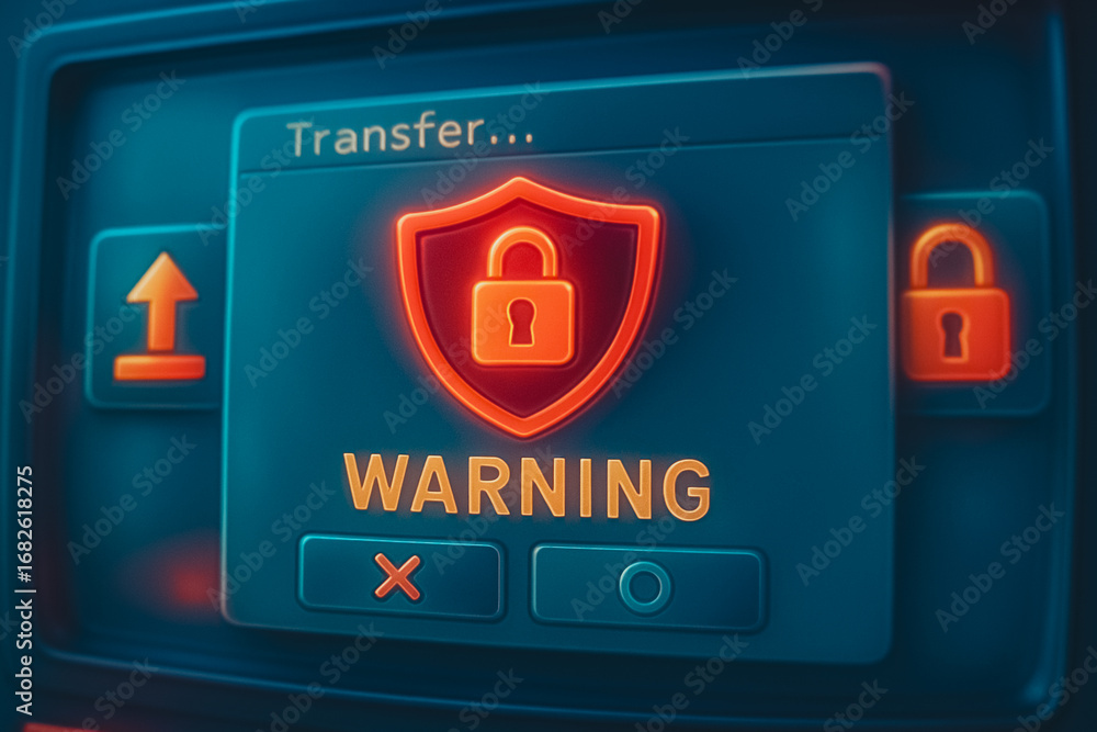 Aufkleber data transfer warning: digital shield safeguards the integrity of data, while a prominent warning me