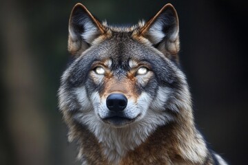 Fototapeta premium Wolf with radiant eyes reflects the power of the moon in a mystical forest setting under twilight sky