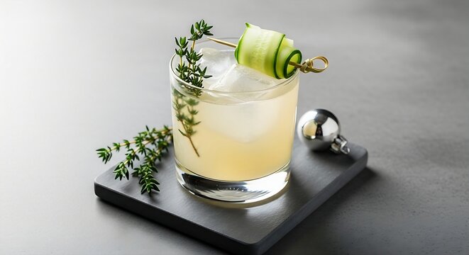 clean Gin & Thyme Smash, with muddled thyme and a thin cucumber ribbon, served in a stylish short glass on a sleek, grey stone surface