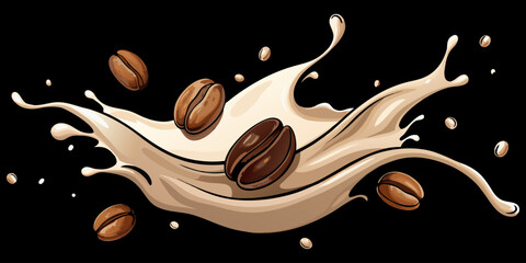 A dramatic close-up of roasted coffee beans swirling in mid-air with splashes of fresh milk, forming a dynamic vortex. The background is deep black, emphasizing the contrast between the dark coffee be
