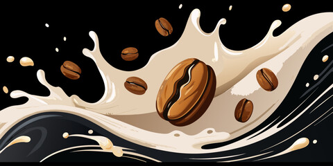 A dramatic close-up of roasted coffee beans swirling in mid-air with splashes of fresh milk, forming a dynamic vortex. The background is deep black, emphasizing the contrast between the dark coffee be