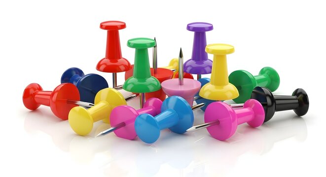 A vibrant assortment of colorful push pins on a white background - Powered by Adobe