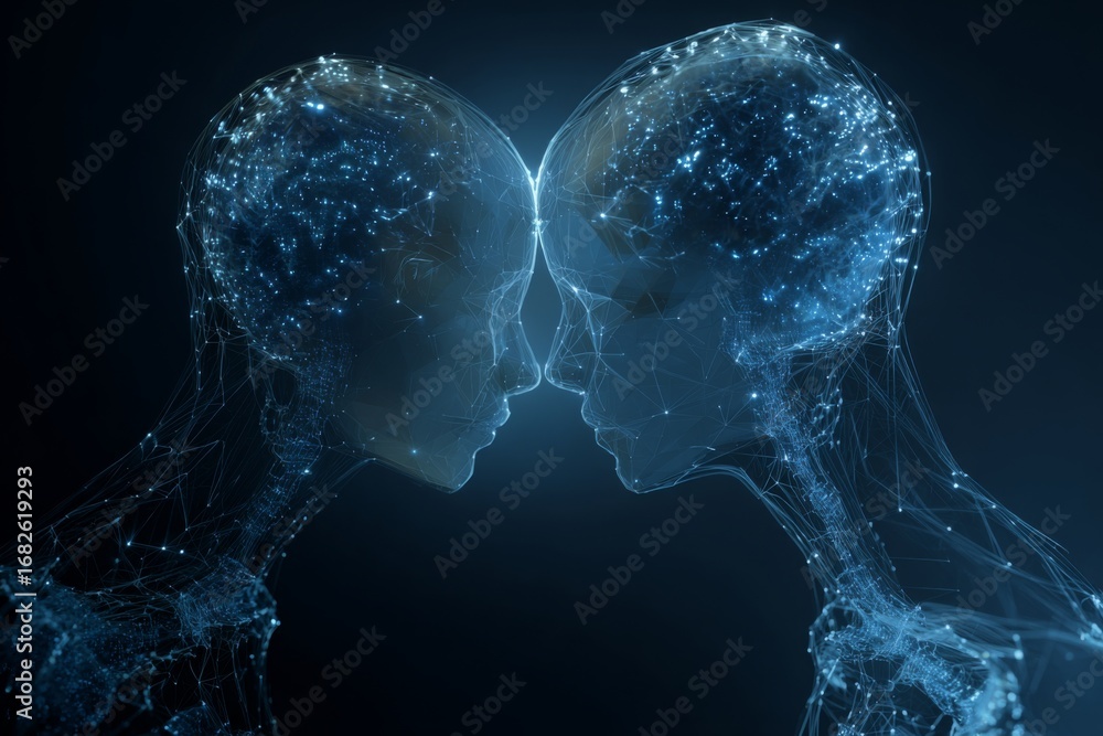 Poster two translucent human-like figures are facing each other, their heads illuminated by intricate patte